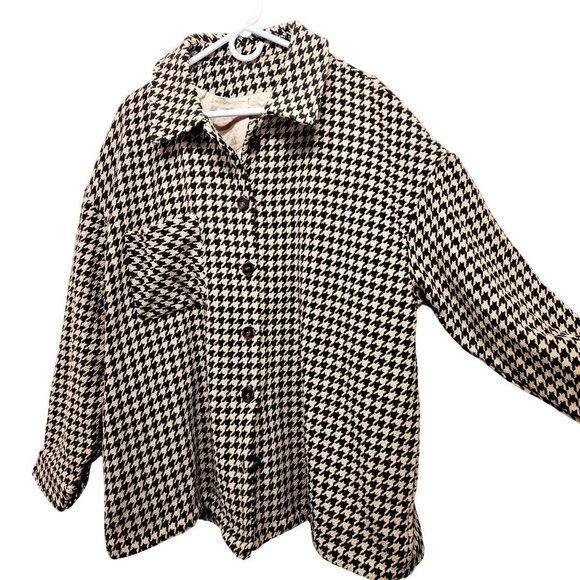Houndstooth Button-Up Long Sleeve Coat Jacket 2XL Black & Beige - Picture 11 of 12